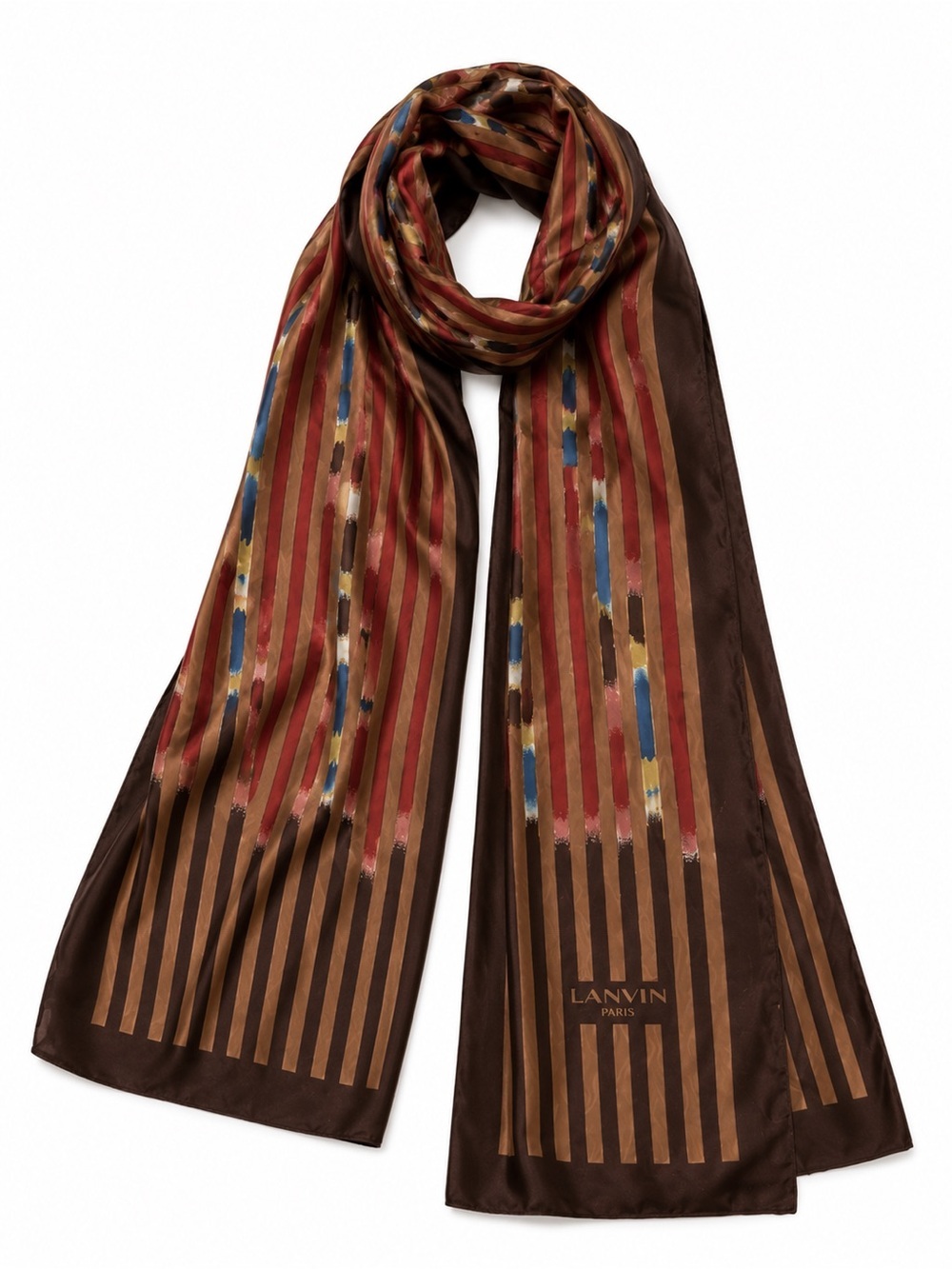 Lanvin Paris Silk Scarf Brown Striped Designer Oblong Scarf 10x52”